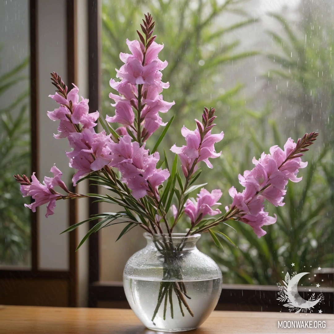 Безмятежный олеандр в вазе под дождем и туманом с солнечными лучами, пробивающимися сквозь облака.