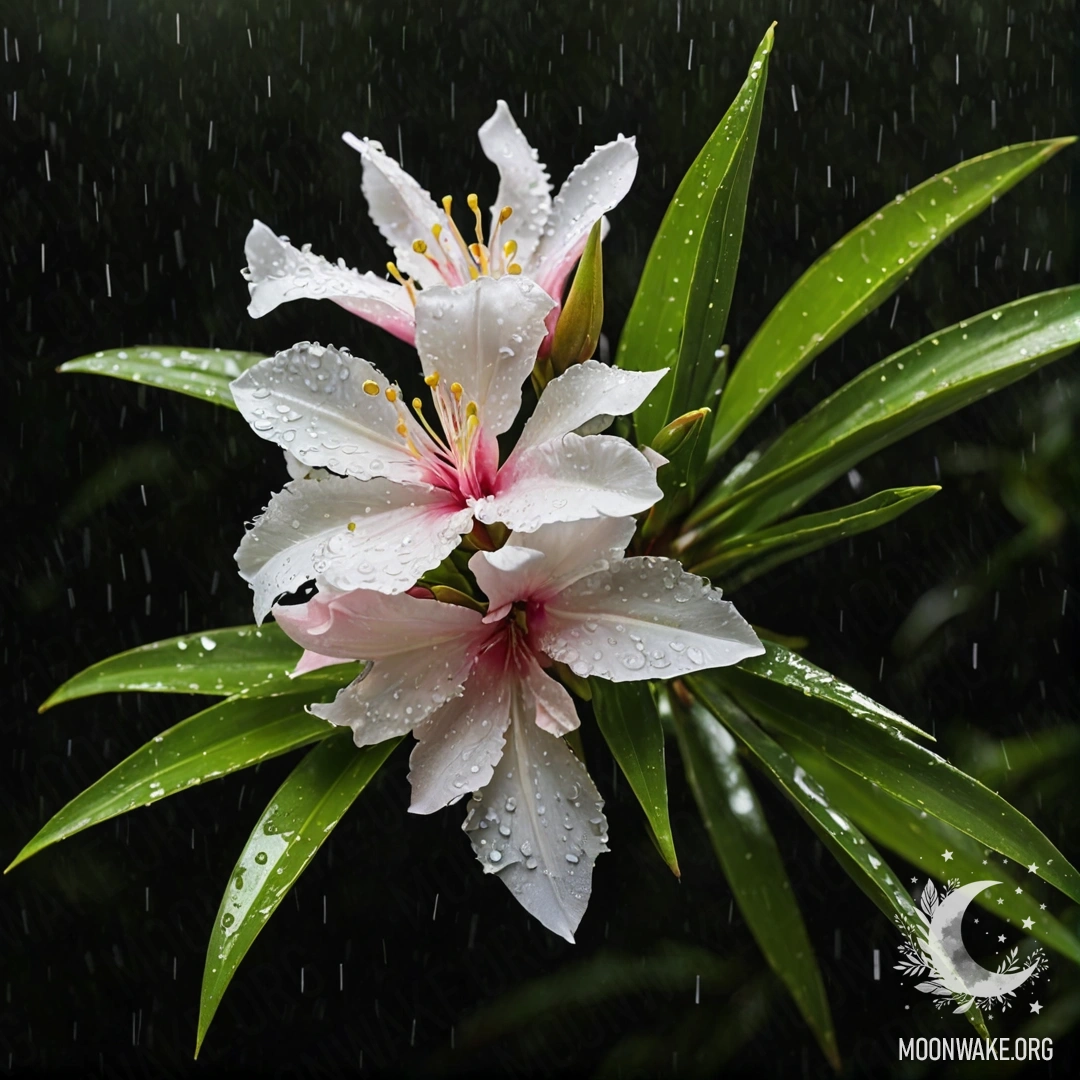 Мирный олеандр, цветущий под дождем ночью, украшенный лаймовыми пайетками.