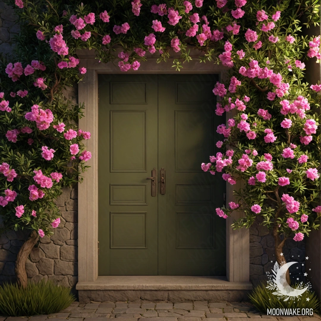 Умиротворяющая оливковая дверь с деревом, полным розовых цветов, на фоне ночного неба.