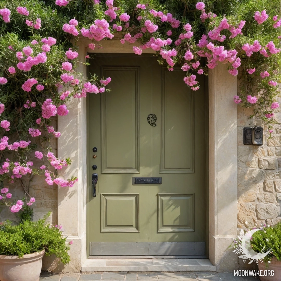Спокойная оливковая дверь под деревом, полным розовых цветов.
