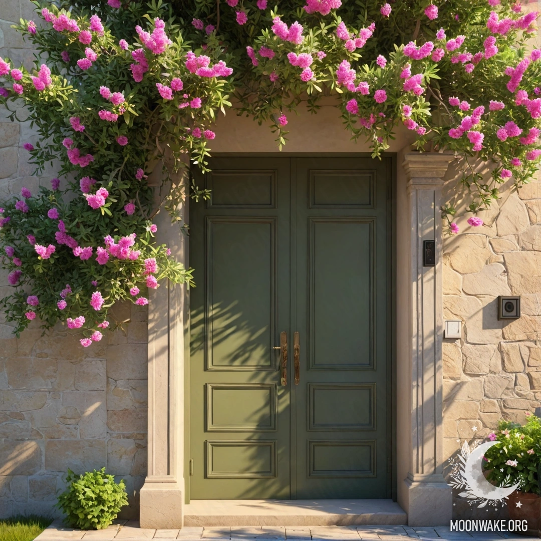 Фотореалистичное изображение мирной оливковой двери под цветущим деревом, усыпанным розовыми цветами и мягкими солнечными лучами.