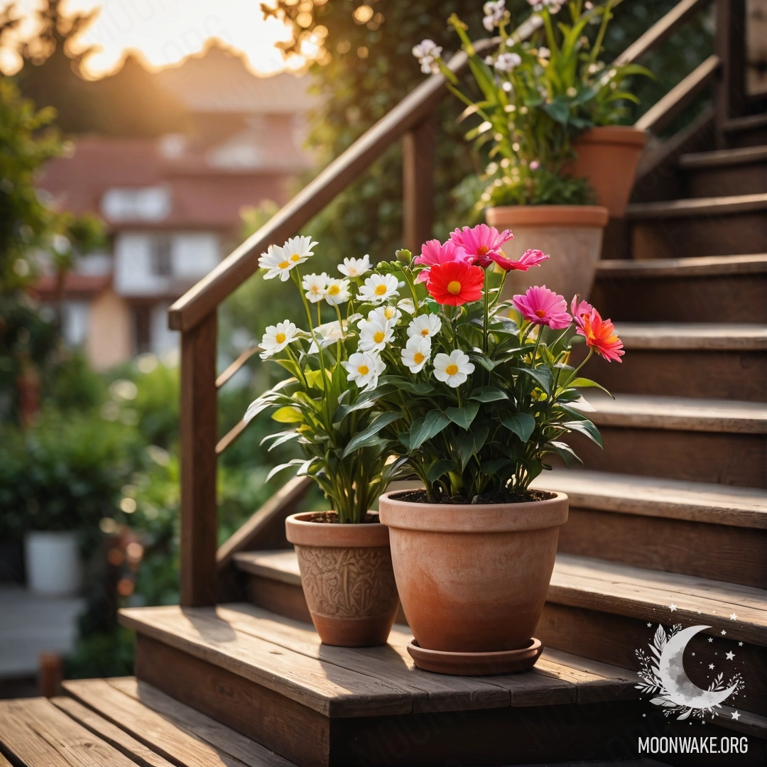 Деревянная лестница, украшенная цветочными горшками на закате.