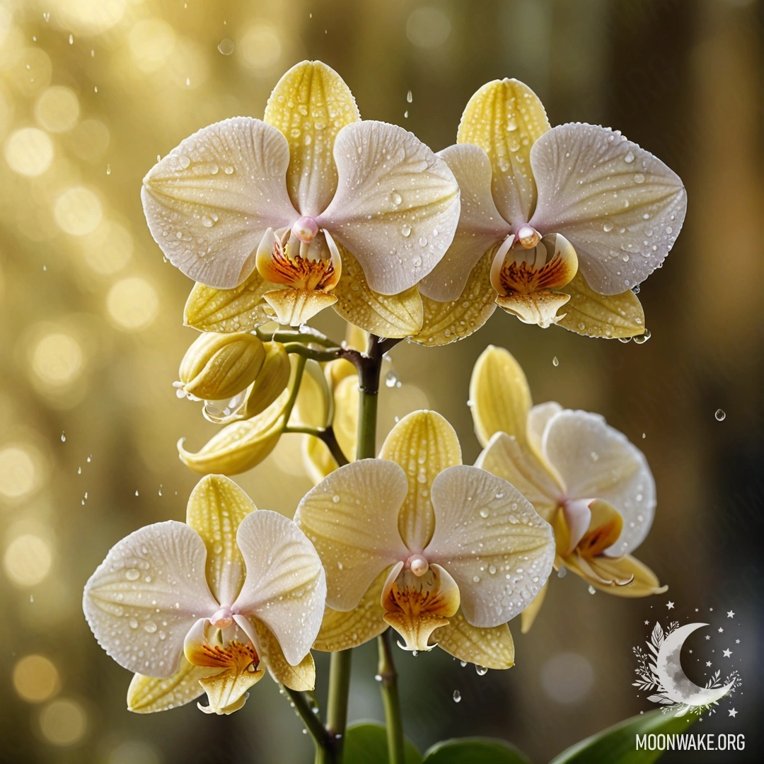 Спокойный букет кремово-желтых орхидей, украшенный каплями росы и освещенный мягкими солнечными лучами.