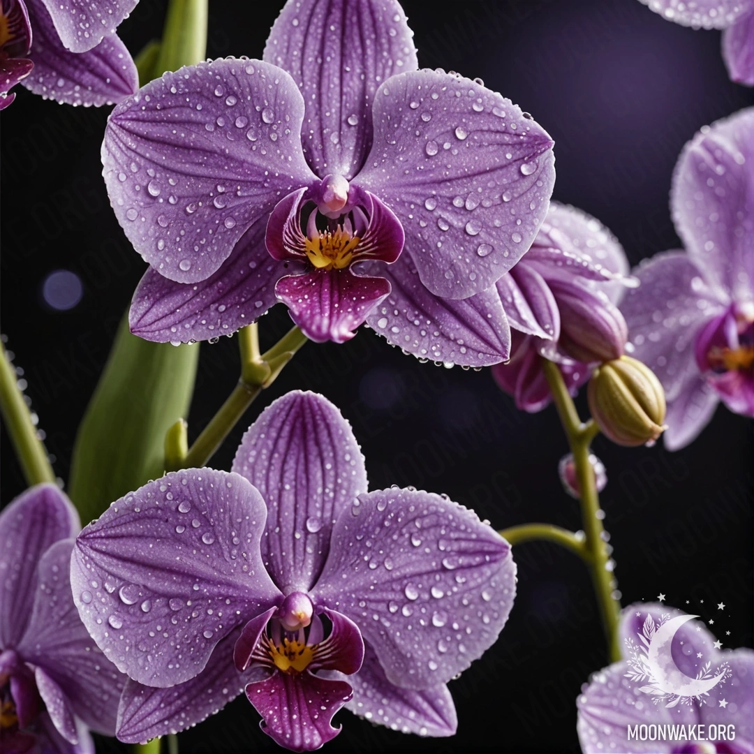 Спокойная орхидея с каплями росы, изображенная в лавандовых тонах ночью.