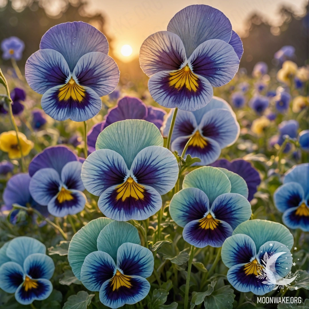 Акварельная картина анютиных глазков в зеленовато-голубых тонах на фоне заката.