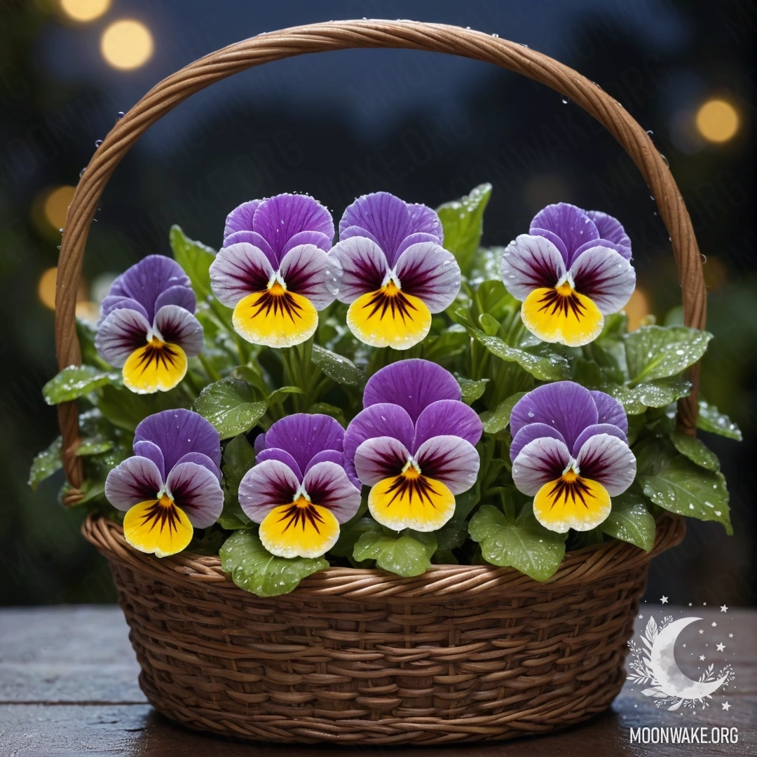 Спокойная корзина с анютиными глазками, покрытыми каплями росы, оливкового цвета, в ночное время.
