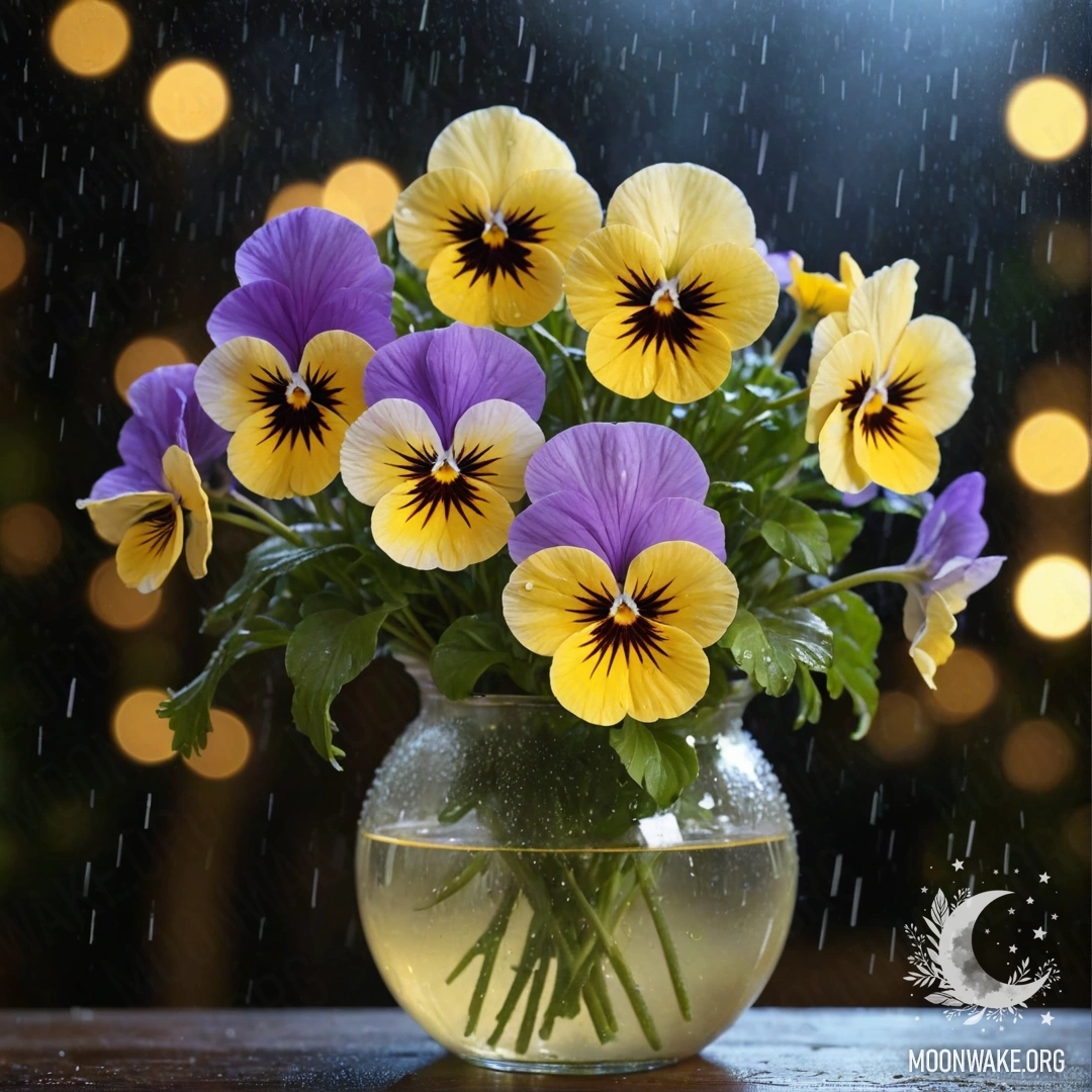 Ваза с кремово-желтыми анютиными глазками под дождем ночью.