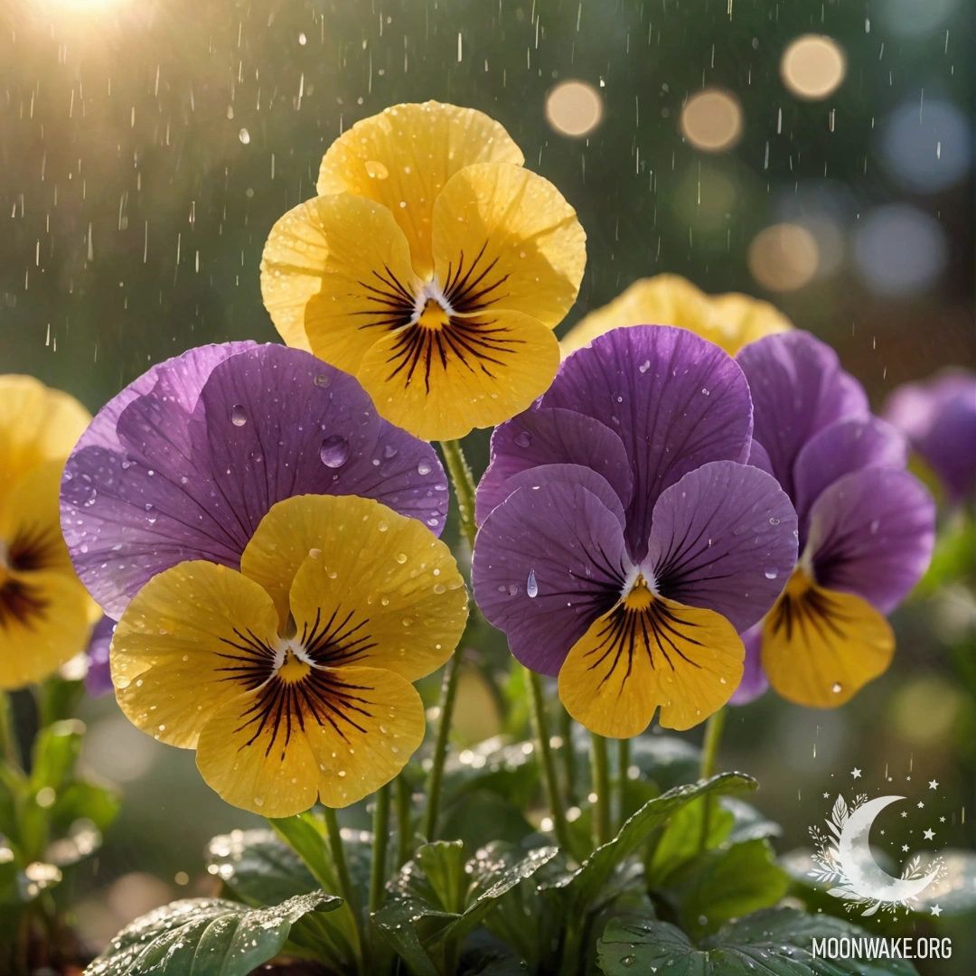 Крупный план жёлтых анютиных глазок с каплями дождя на фоне закатного неба.