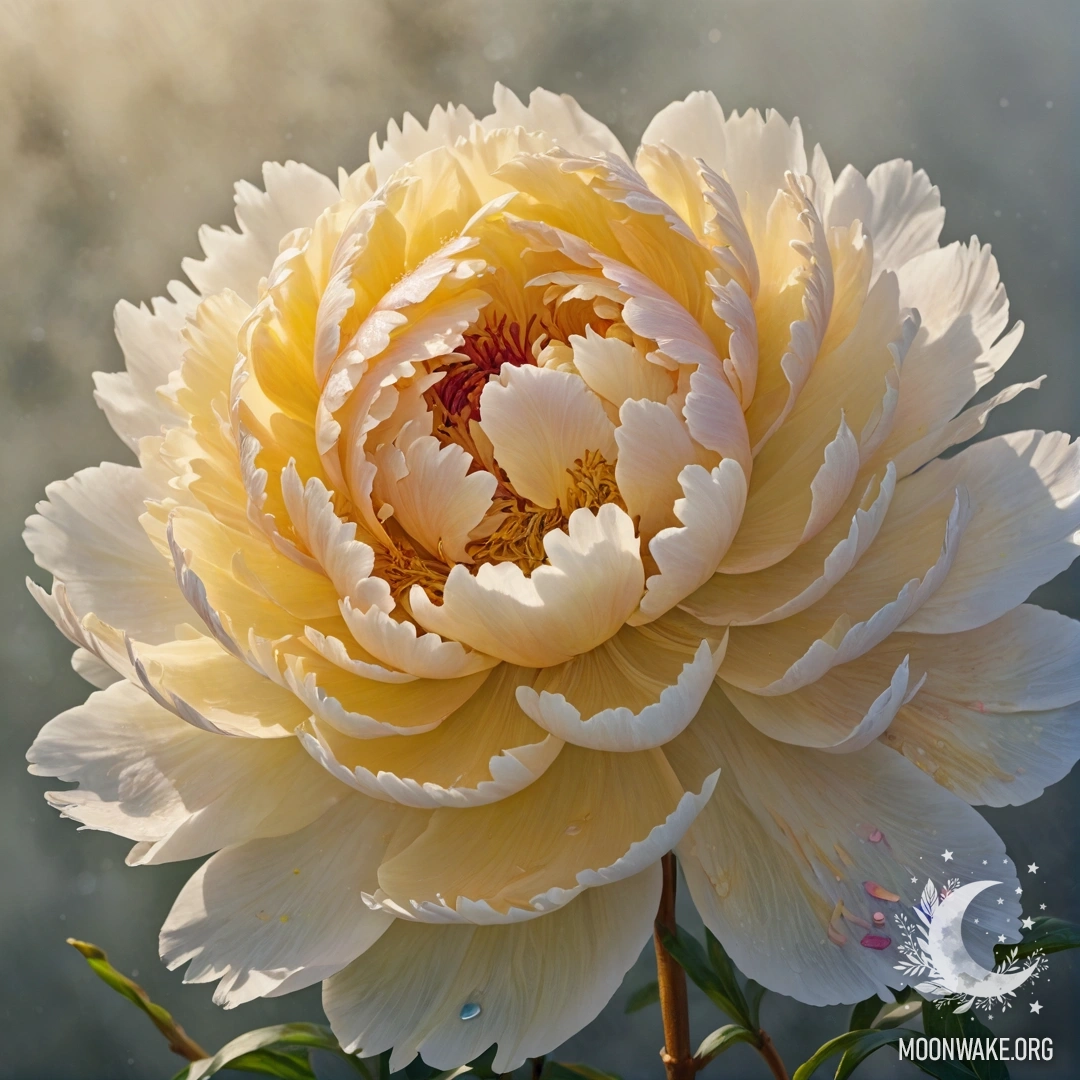 Мирный пион, окруженный туманом, освещенный солнечными лучами, украшенный желтыми стразами.