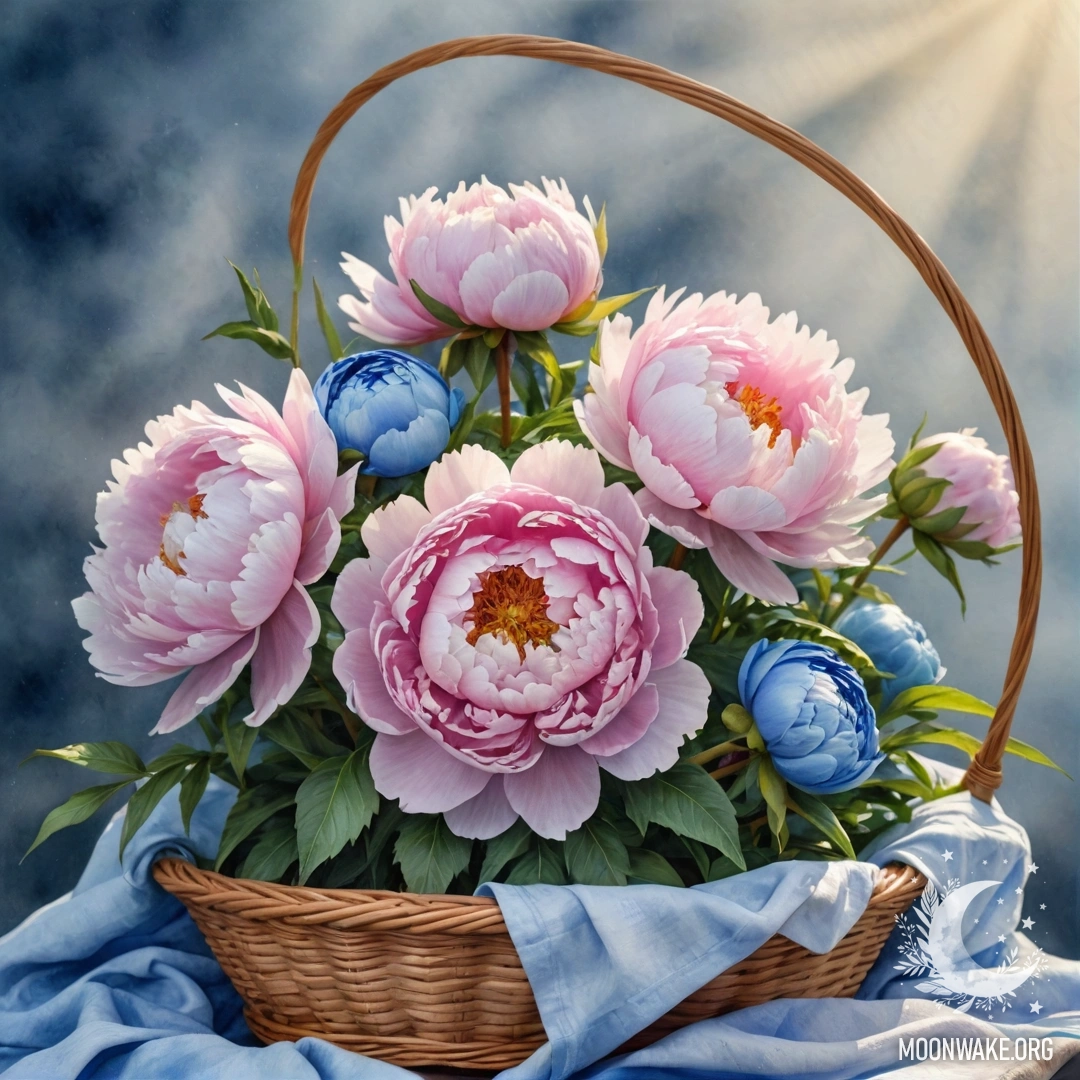 Спокойный голубой пион, расположившийся в туманной обстановке внутри корзины, освещен солнечными лучами.