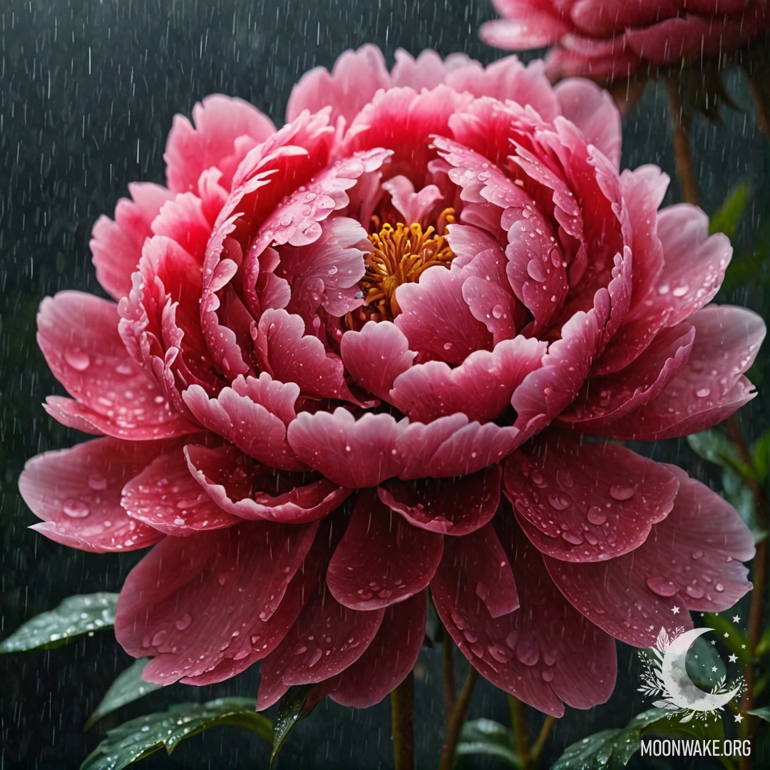 Яркий красный пион, цветущий в туманном дожде ночью.