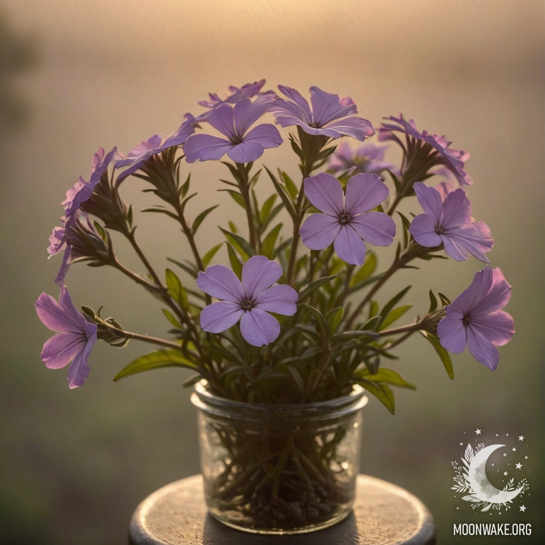 Ваза с цветами флокс, окруженная туманом на закате.