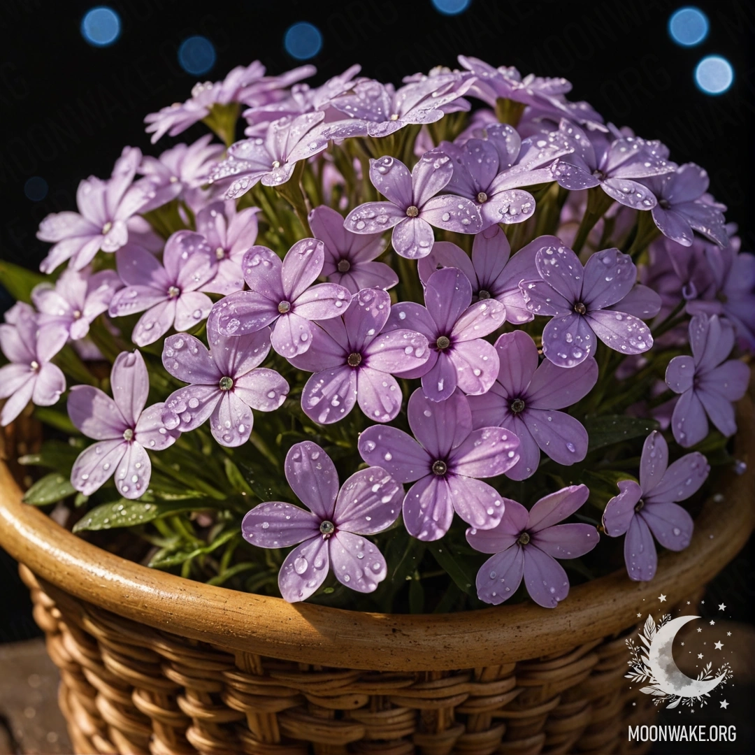 Золотая корзина, наполненная мирными флоксами, покрытыми росинками, в ночное время.