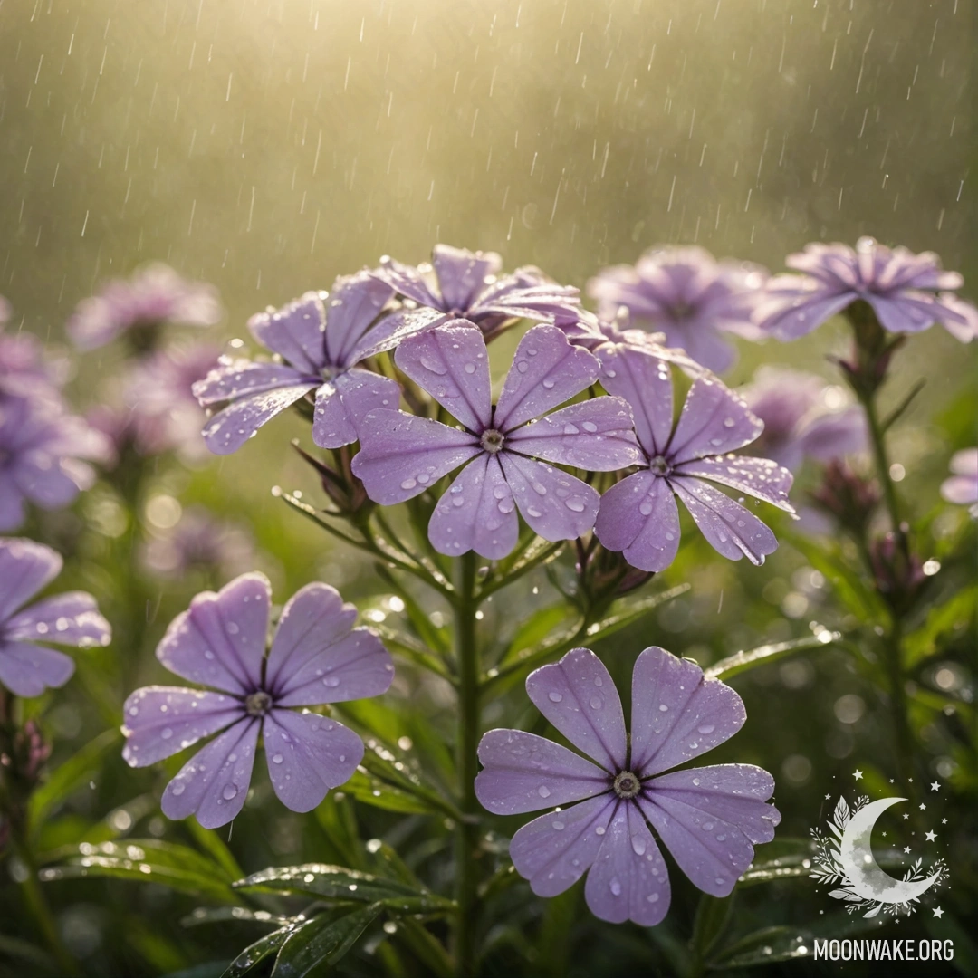 Нежный цветок флокс в тумане, залитый дождем и озаренный солнечными лучами, с кремово-желтыми оттенками.