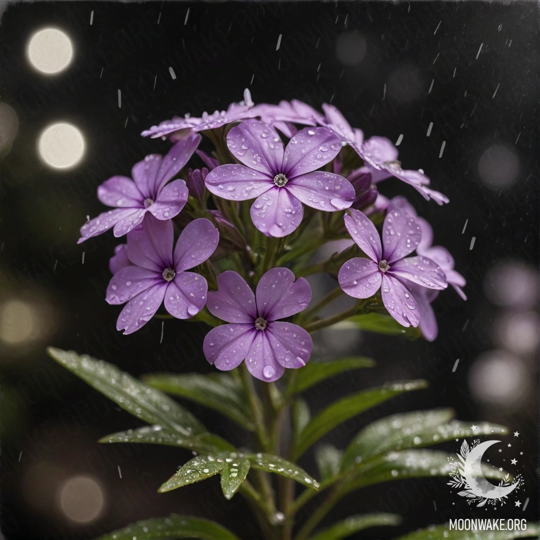 Умиротворяющий пейзаж с нежными цветами флокса под дождем ночью на фоне лаймового цвета.