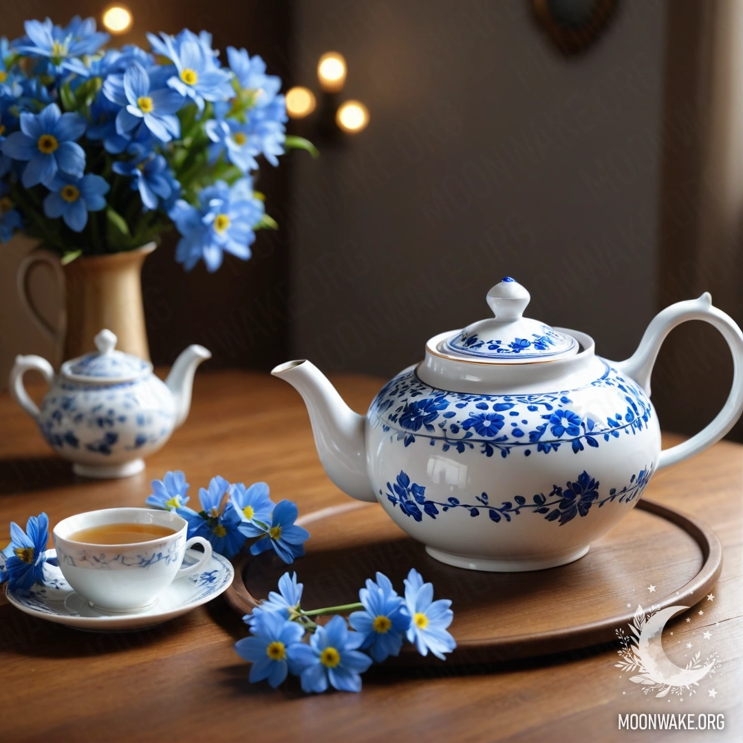 Круглый деревянный стол с фарфоровым чайником, украшенным голубыми цветами и гирляндой света.