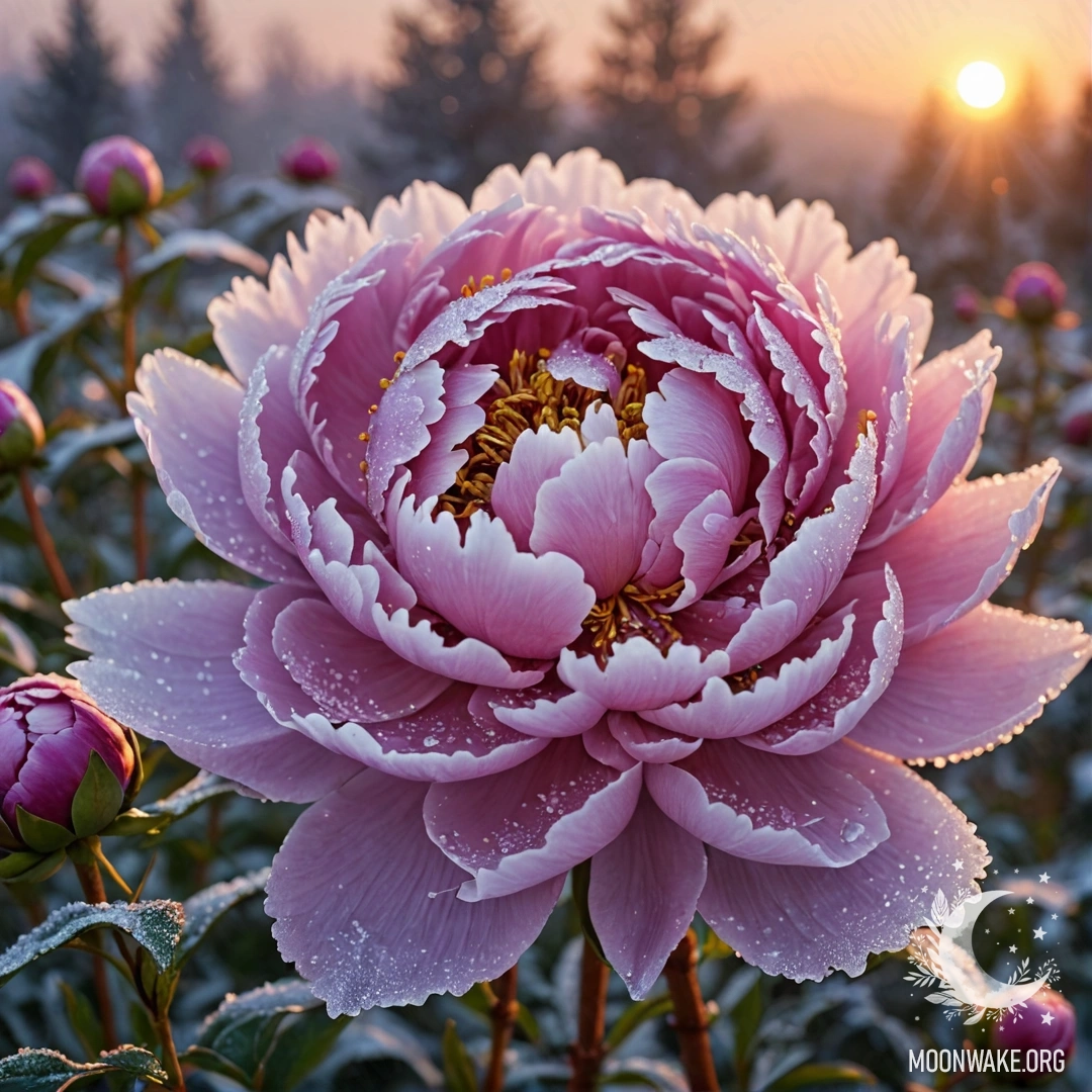 Пурпурная пионка, окруженная морозом на закате, сверкающая блестками.