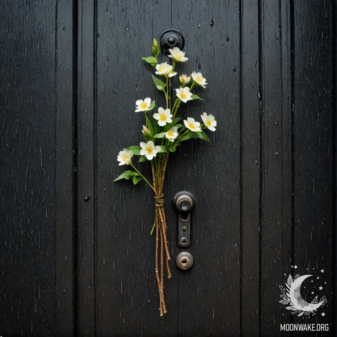 Старая дверь, украшенная веточками и цветами на ручке, дождь нежно падает вокруг.
