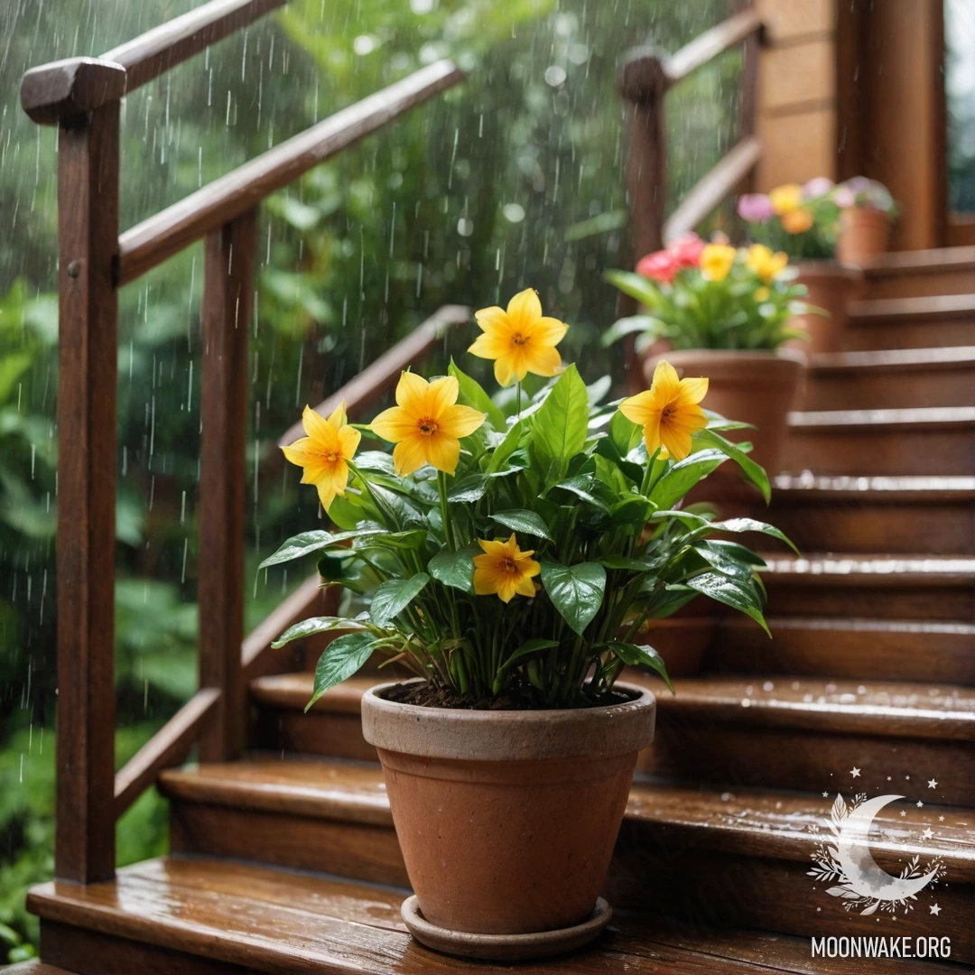 Деревянная лестница с цветочными горшками под дождем