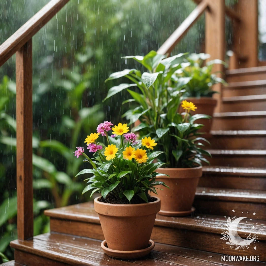 Деревянная лестница, украшенная цветочными горшками под дождем.