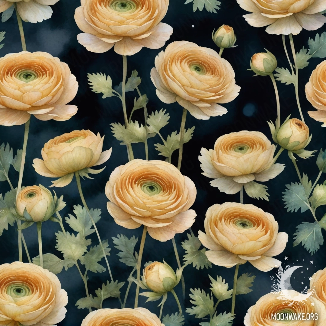 Акварельная живопись с цветами ранункулюса среди тумана с золотыми узорами ночью.