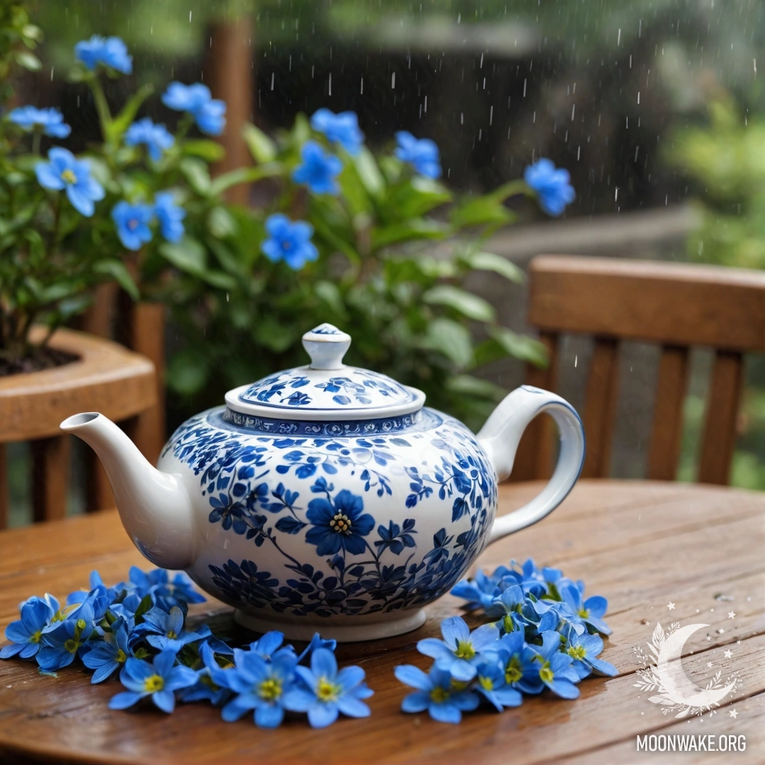 Круглый деревянный стол с фарфоровым чайником, в котором находятся синие цветы, под дождем.