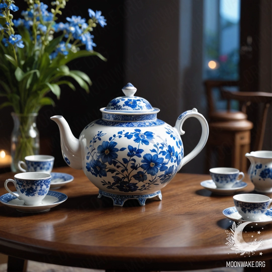 Круглый деревянный стол с фарфоровым чайником, наполненным синими цветами, ночью.