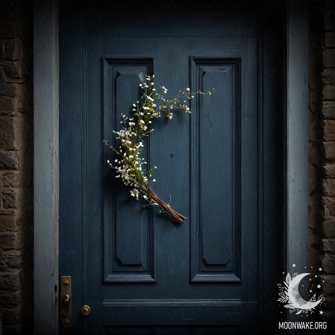 Потертая дверь, украшенная веточками и цветами на ручке, в ночное время.