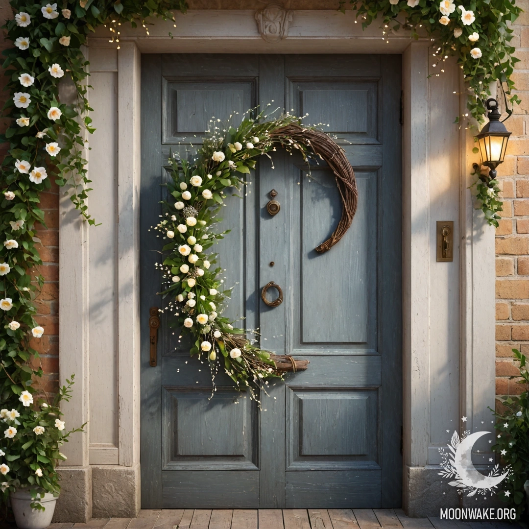 Старая дверь, украшенная веточками с цветами на ручке и огоньками гирлянды.
