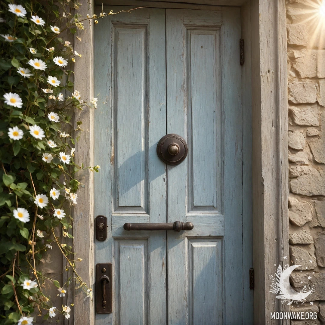 Фотография потертой двери, украшенной веточками и цветами, ласкаемой солнечными лучами.
