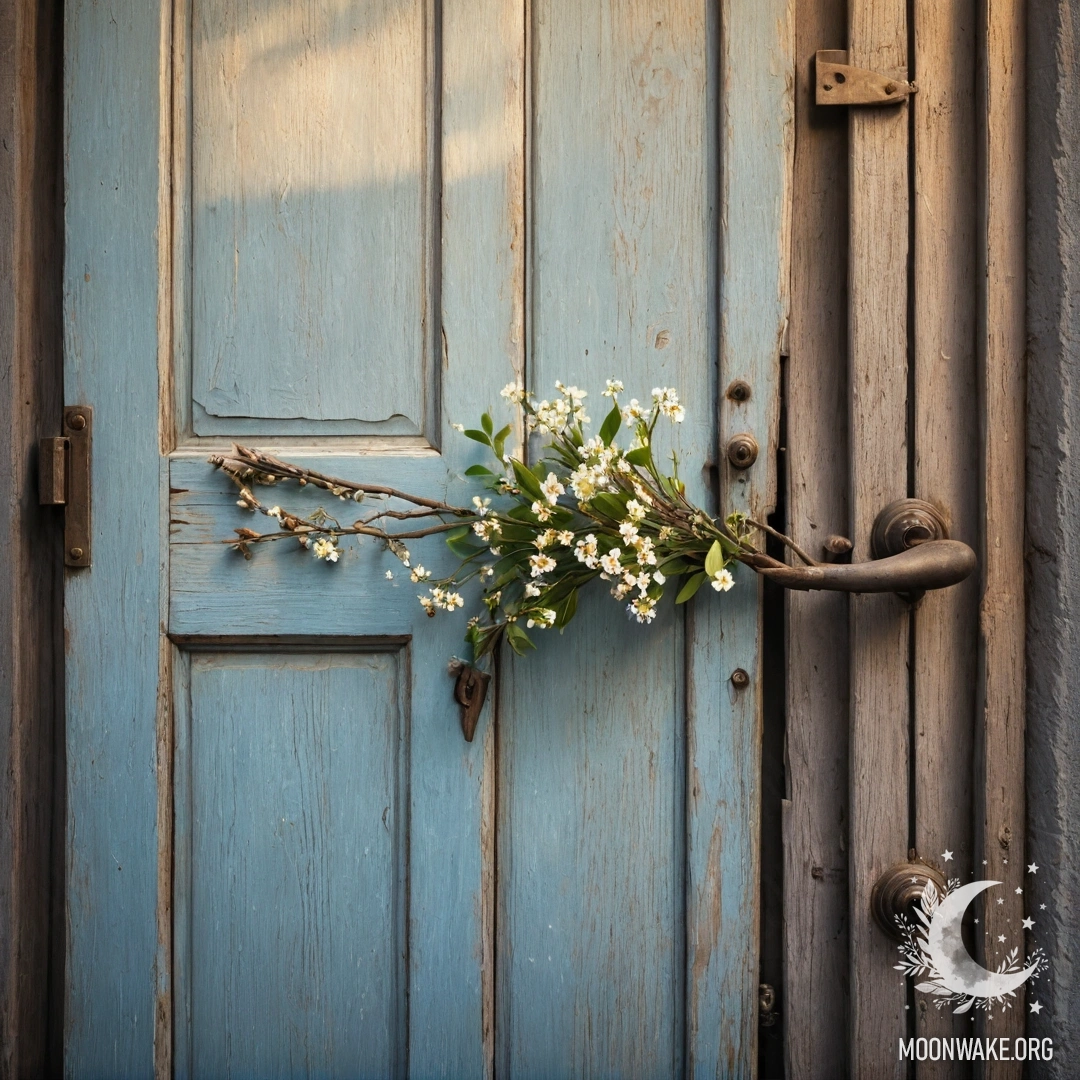 Потертая дверь с веточками и цветами на ручке, освещённая солнечными лучами.