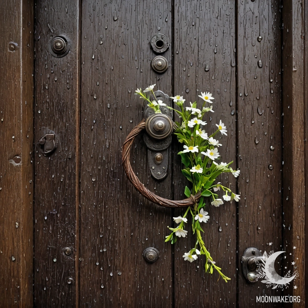 Обветренная дверь с веточками и цветами на ручке, под дождём.