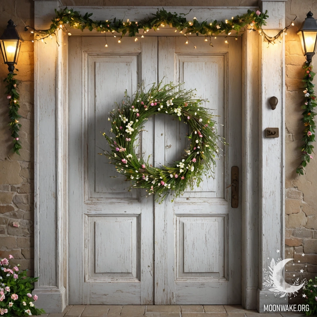 Потёртая дверь, украшенная веточками и цветами, освещённая гирляндой света.