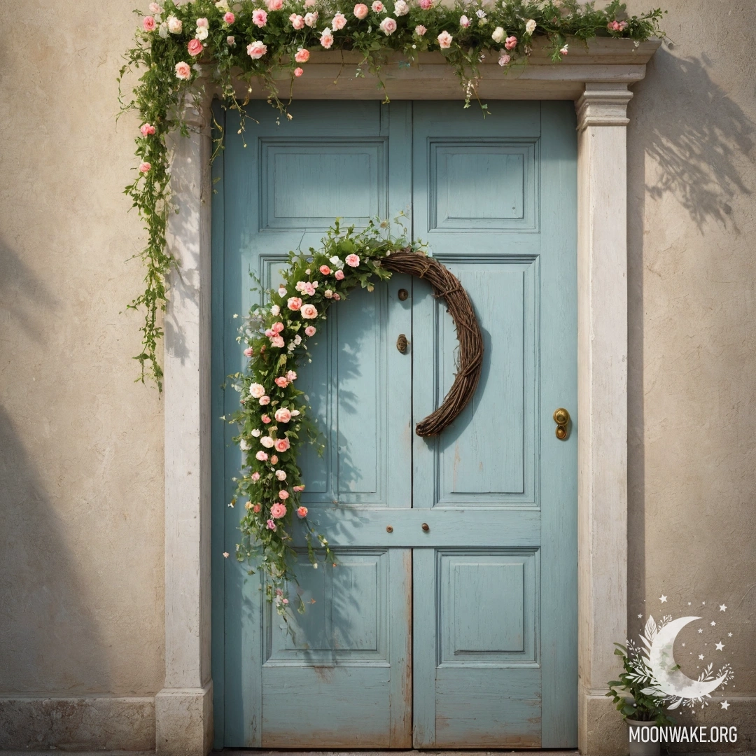 Потертая дверь с ветками, украшенными цветами и светящейся гирляндой.