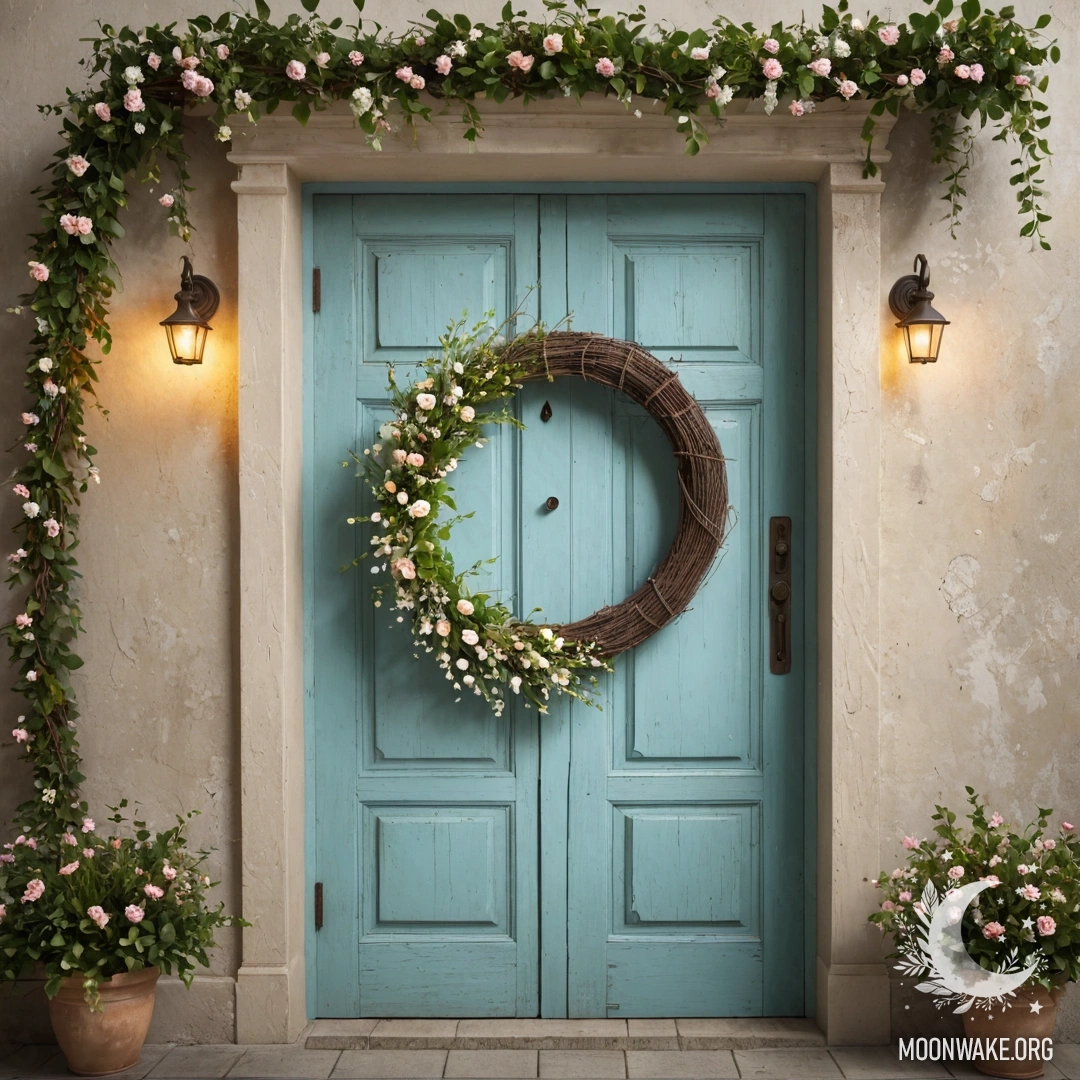 Потертая дверь, украшенная веточками с цветами и подсвеченная гирляндой света.
