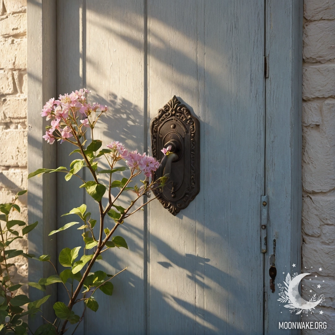 Старенькая дверь с веточками и цветами на ручке, освещенная солнечными лучами.