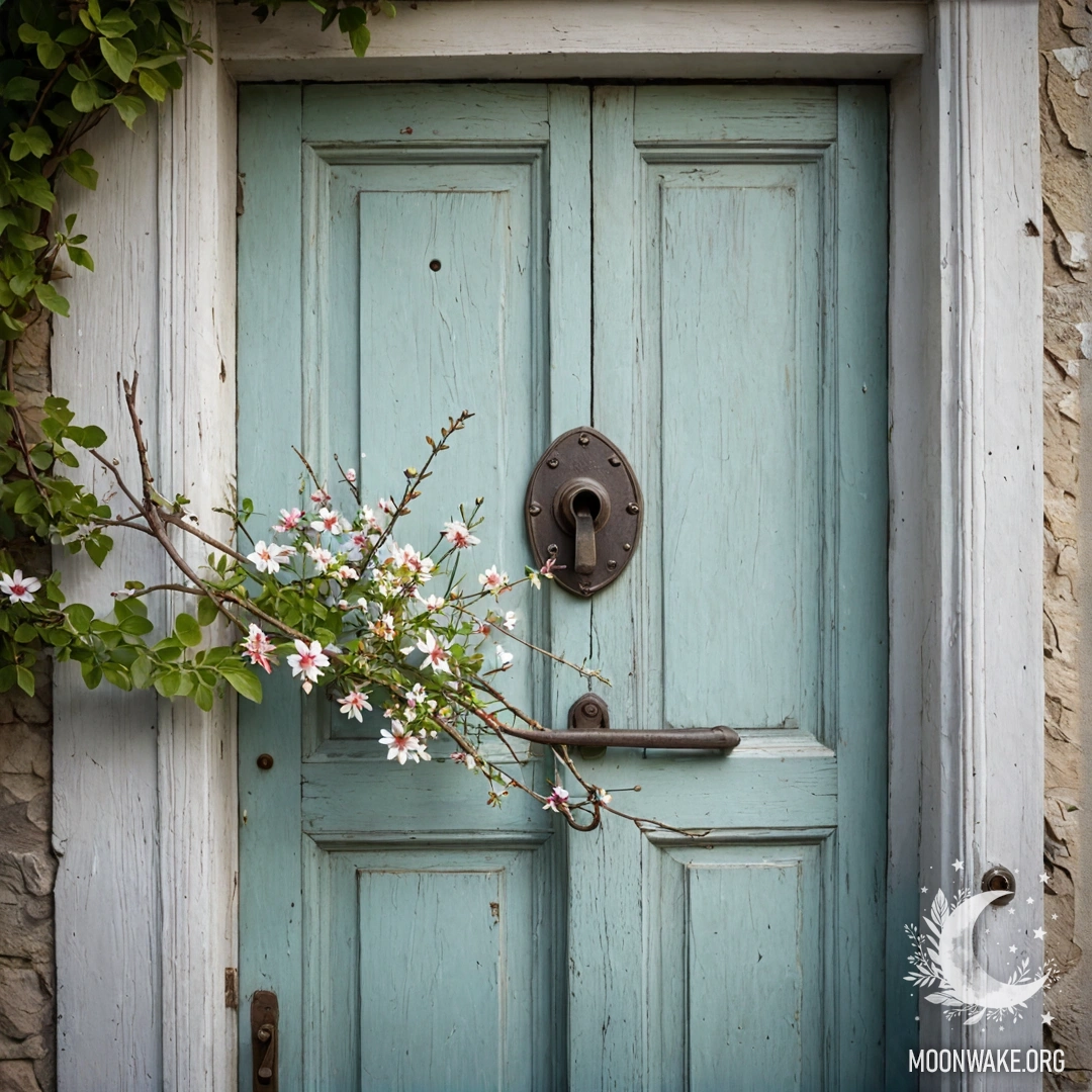 Старая дверь, украшенная веточками с цветами на ручке.