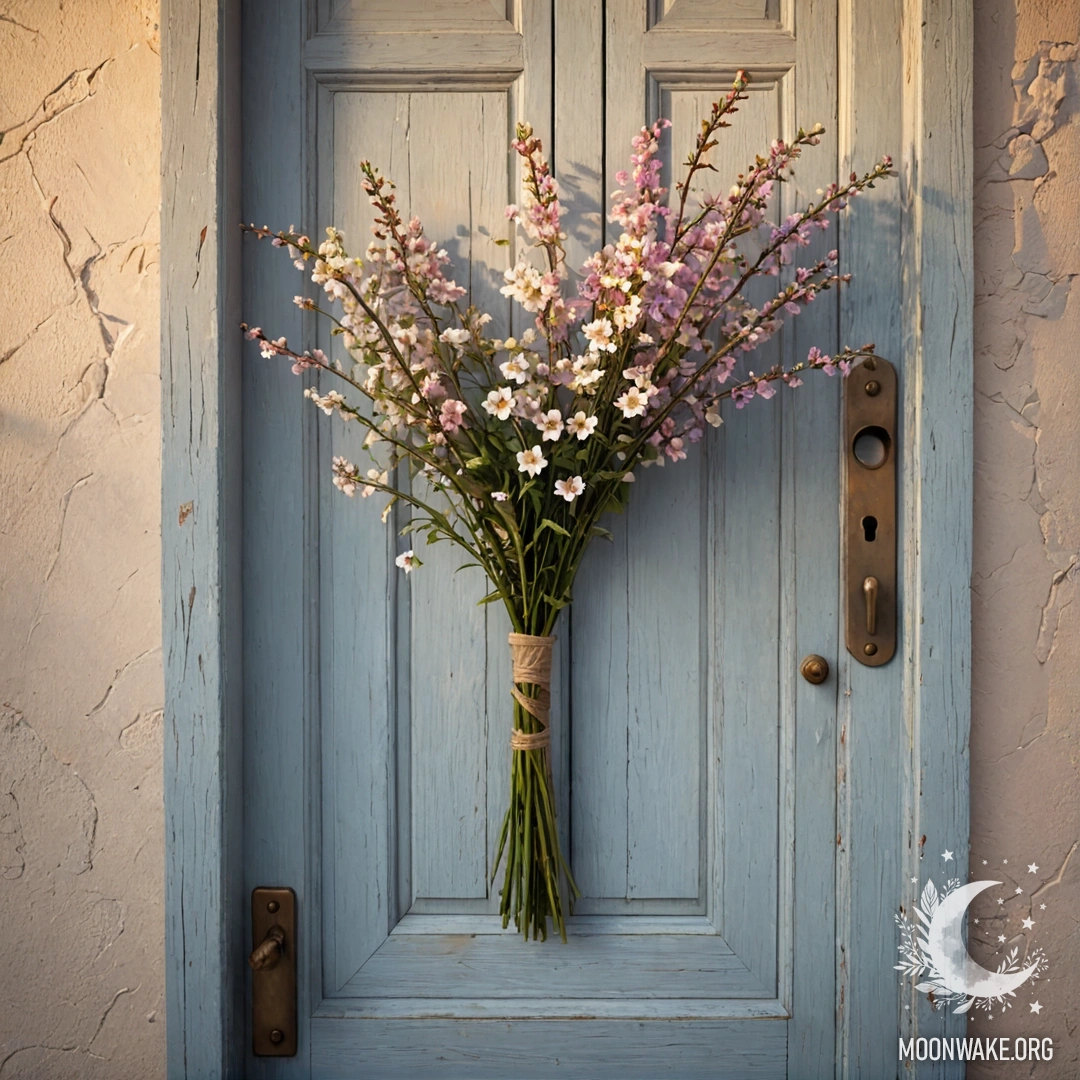 Потёртая дверь с веточками и цветами на ручке на фоне заката.