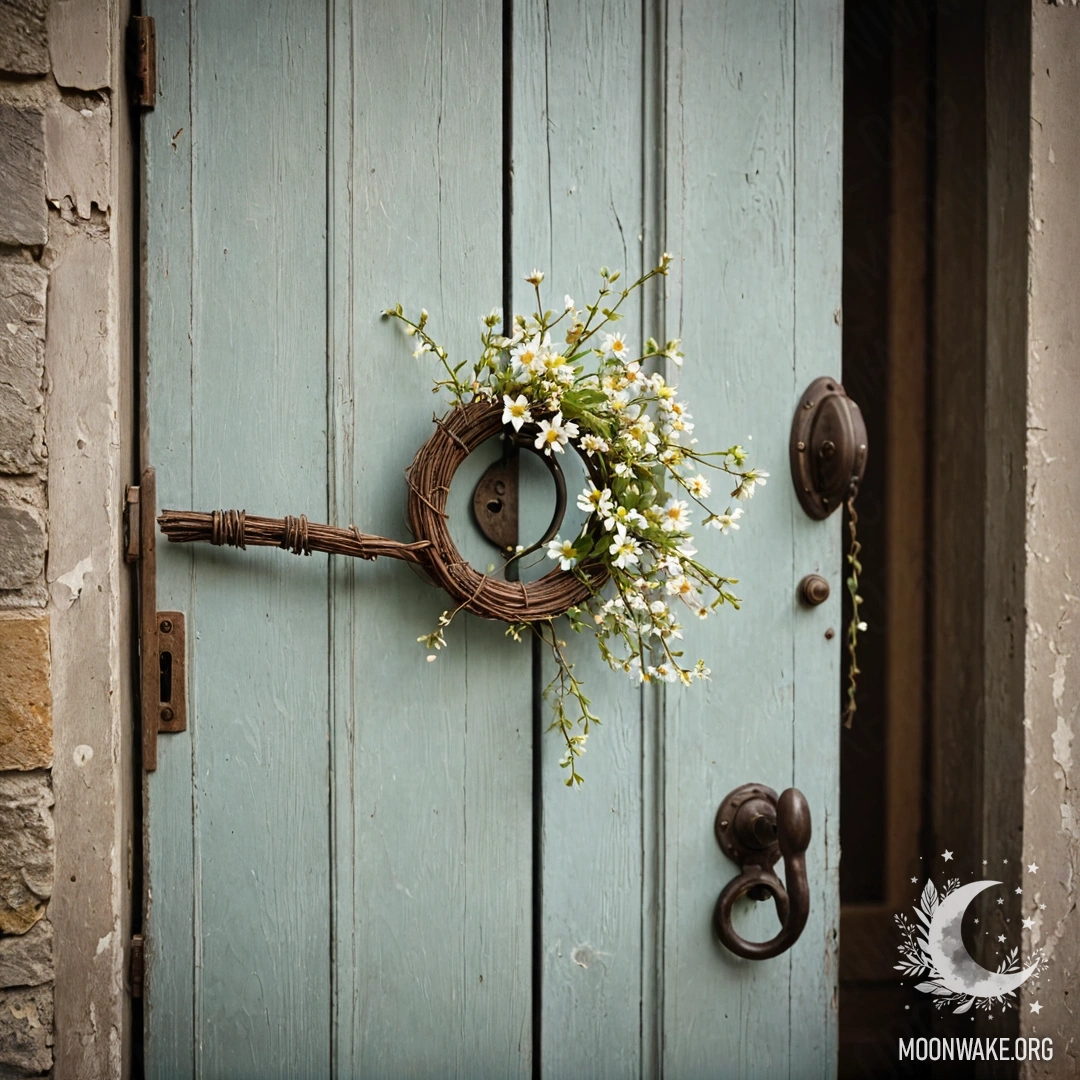 Потертая дверь, украшенная веточками и цветами на ручке, вызывающая чувство спокойствия.