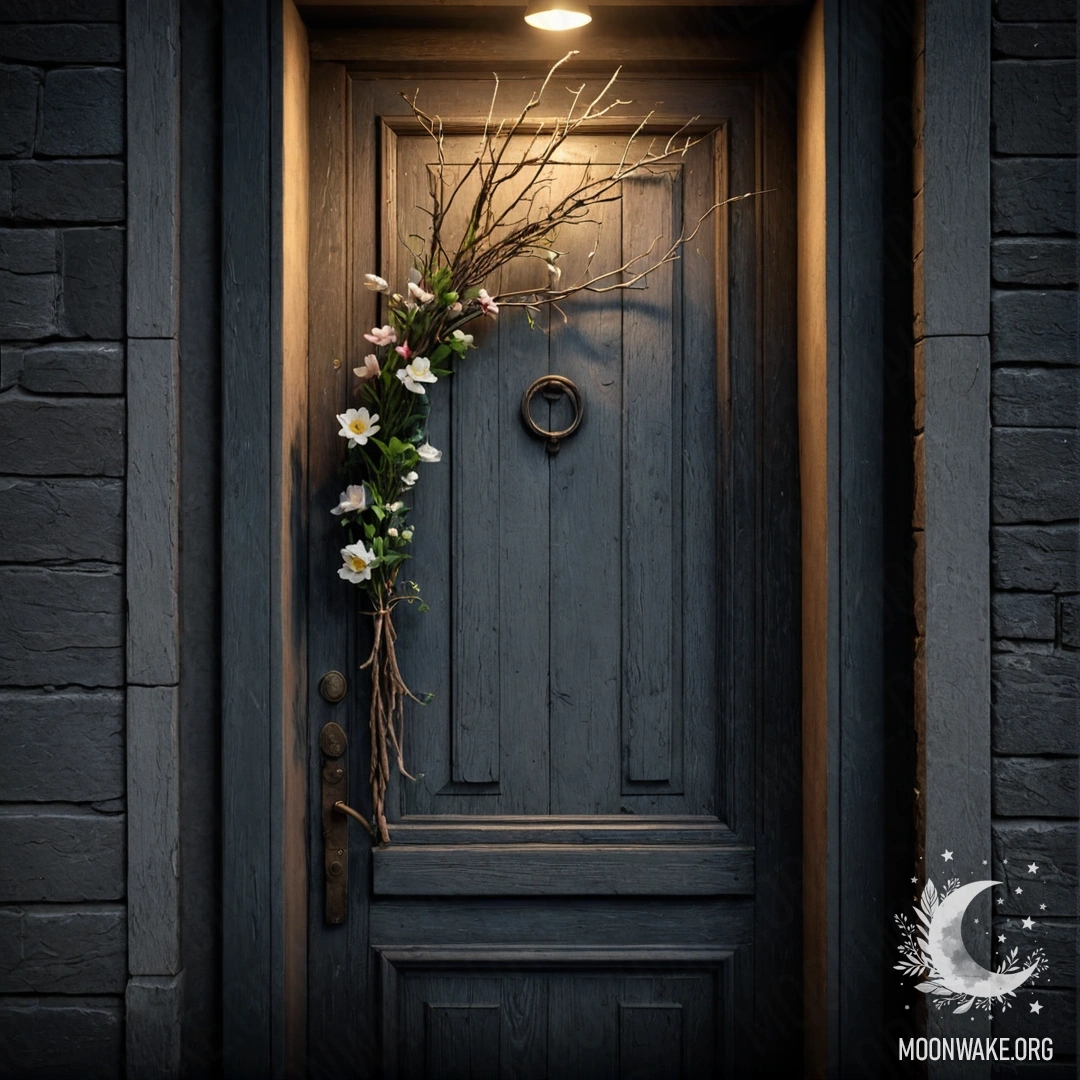 Потертая дверь, украшенная веточками и цветами на дверной ручке в ночное время.