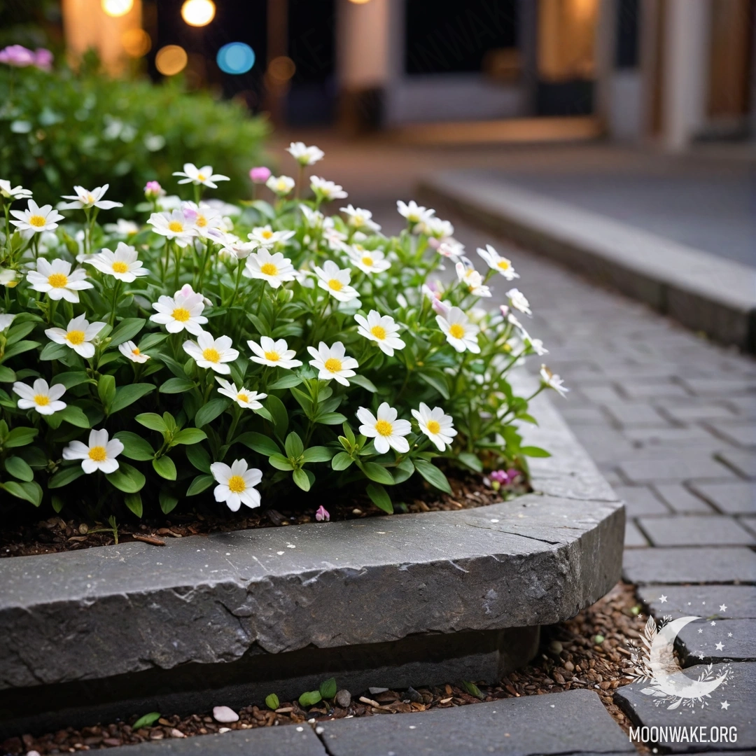 Старый каменный бордюр, на фоне которого растут маленькие белые и розовые цветы ночью.