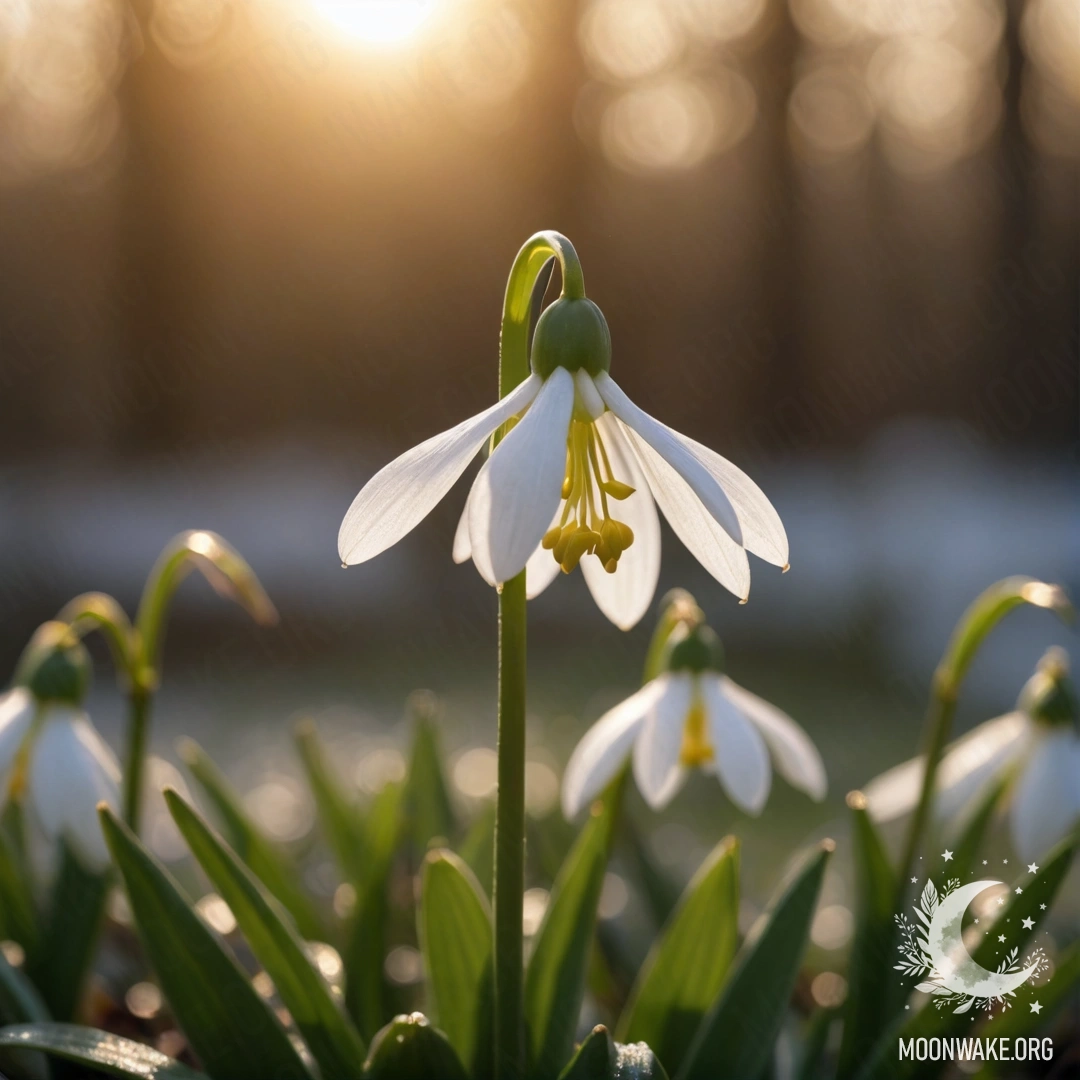 Мирный подснежник с паутиной на фоне заката, украшенный золотыми узорами японской каллиграфии.