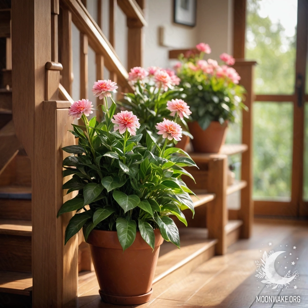 Спокойная деревянная лестница, украшенная цветочными горшками и мягким гирляндным светом.