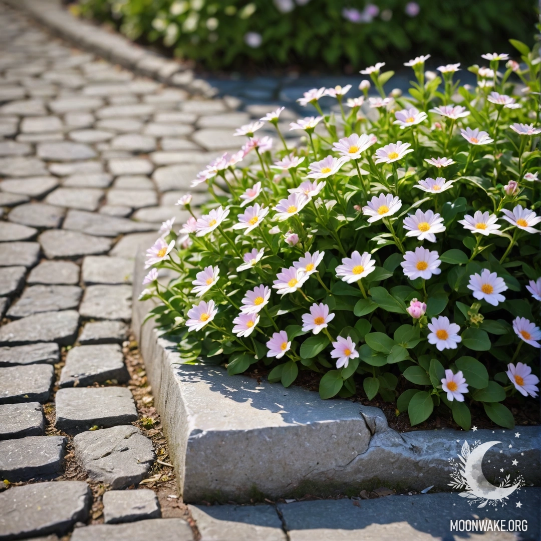 Старый каменный бордюр с маленькими белыми и розовыми цветами, растущими за ним.