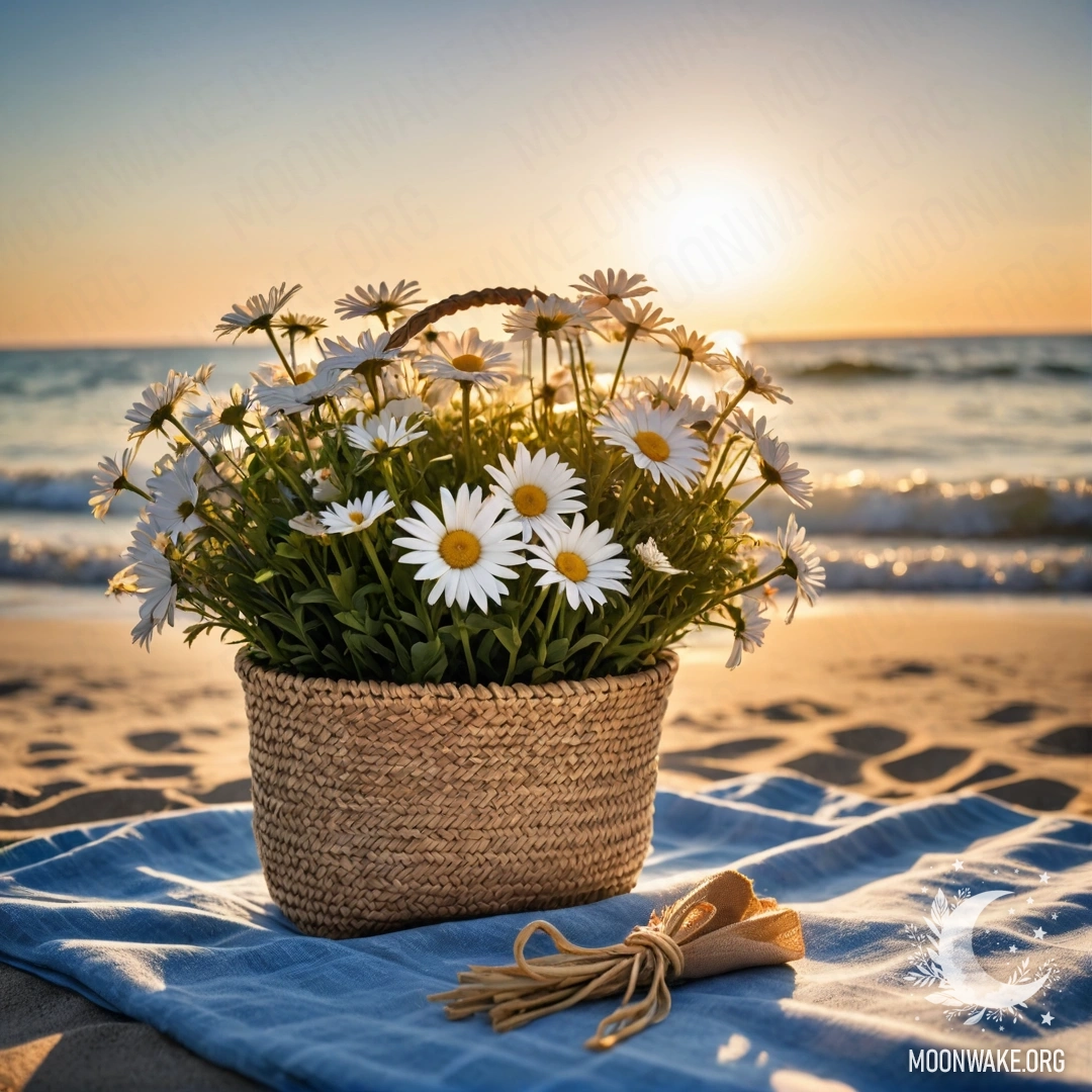 Соломенная сумка с голубой скатертью и ромашками на фоне закатного пляжа.