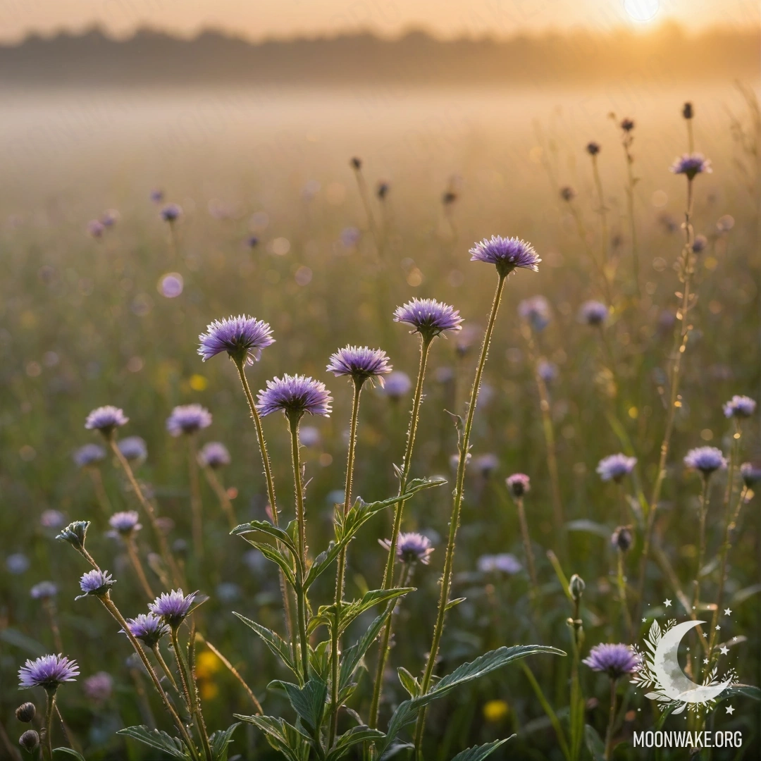 Крупный план ярких полевых цветов на фоне боке с туманным закатом.