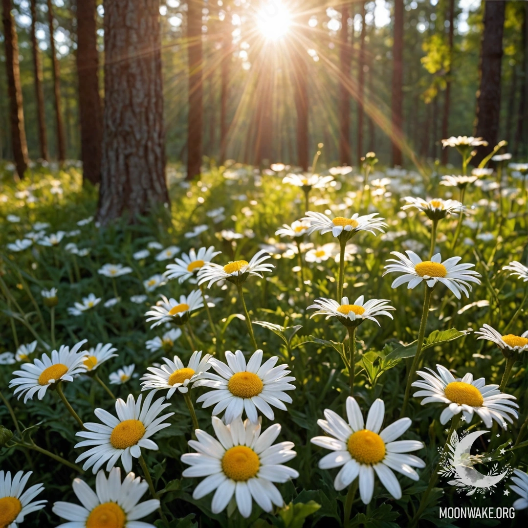 На изображении солнечный свет проникает сквозь деревья во время заката, крупный план ромашек, подсвеченных гирляндой огней.