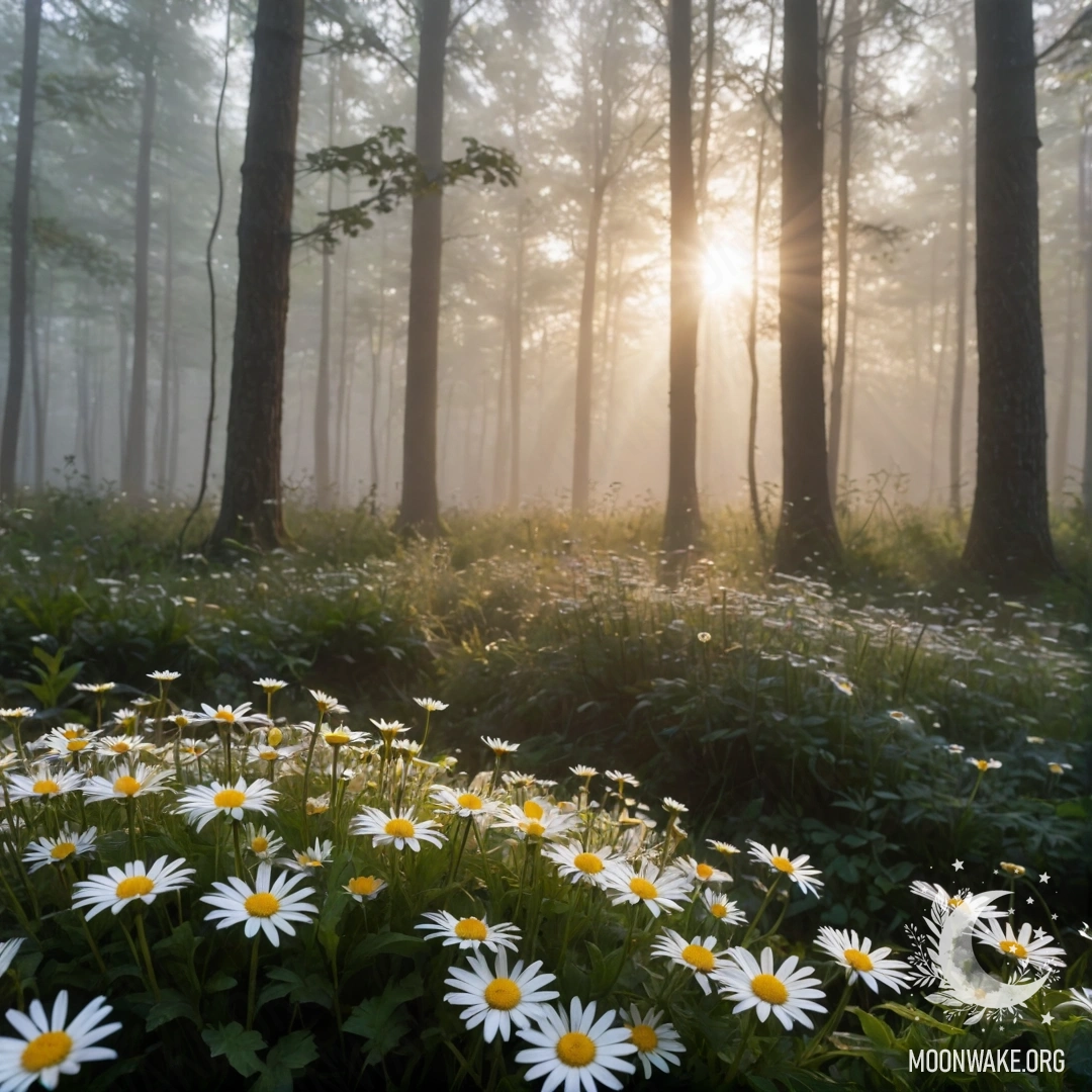 Близкий план ромашек в туманном лесу с солнечными лучами, пробивающимися сквозь деревья на закате.