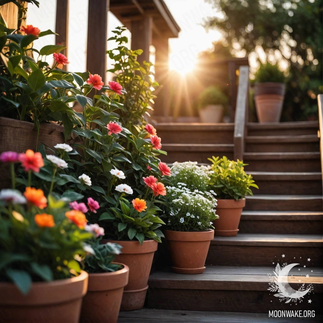 Деревянная лестница, украшенная цветочными горшками на закате.