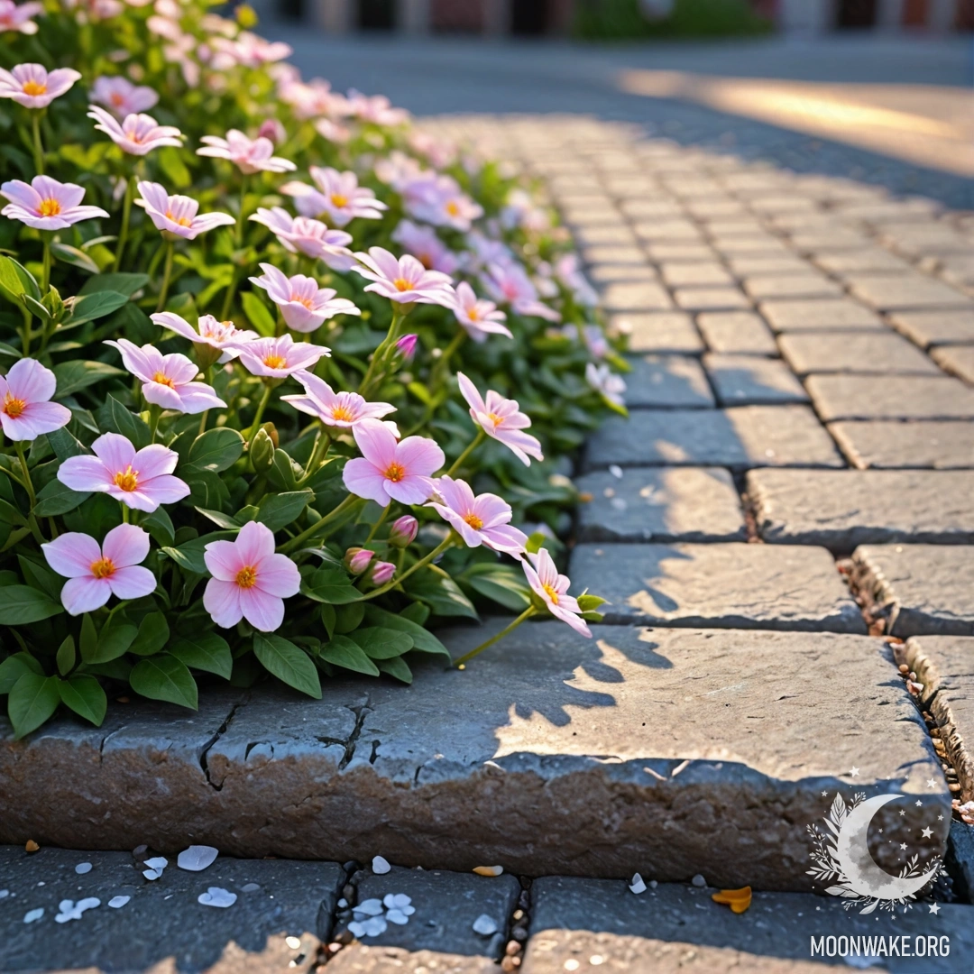Старый каменный бордюр, украшенный нежными белыми и розовыми цветами на фоне заката.